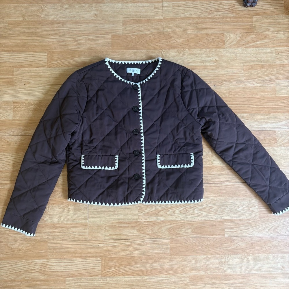 WAYF Whipstitch Quilted Brown & White Buttoned Jacket in Small